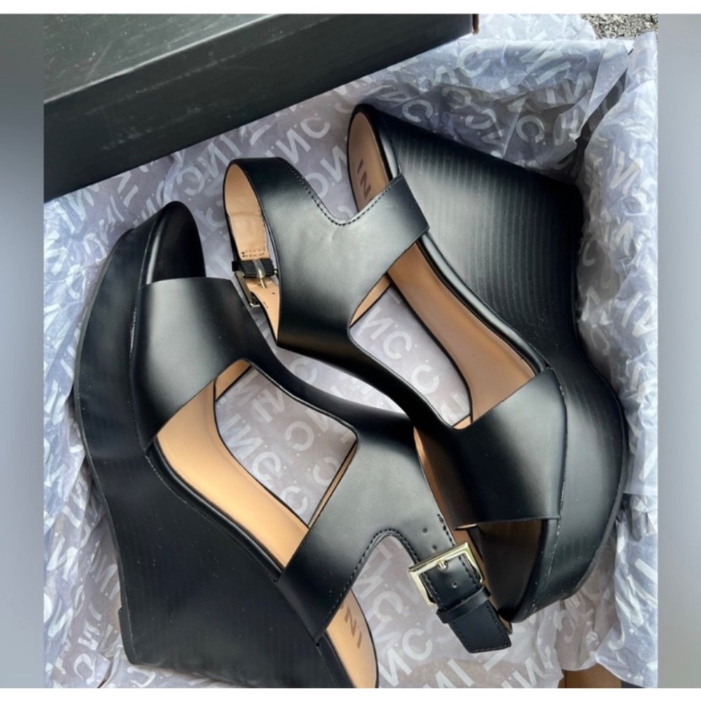 INC Womens Valleri Faux Leather Open
Toe Wedge Sandals